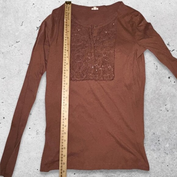 J.Crew Blouse Long Sleeve Scoop Neckline Lace Front Panel Soft Rust Brown Small - Picture 3 of 10